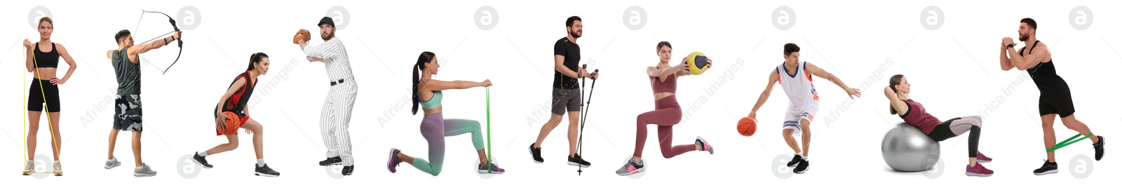 Image of Men and women with different sports equipment on white background, collage