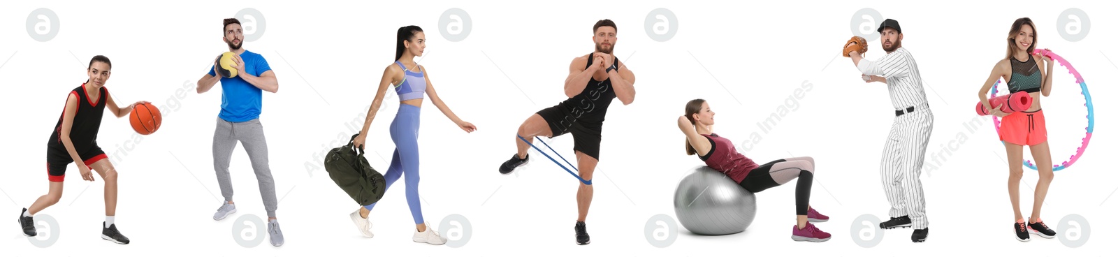 Image of Men and women with different sports equipment on white background, collage