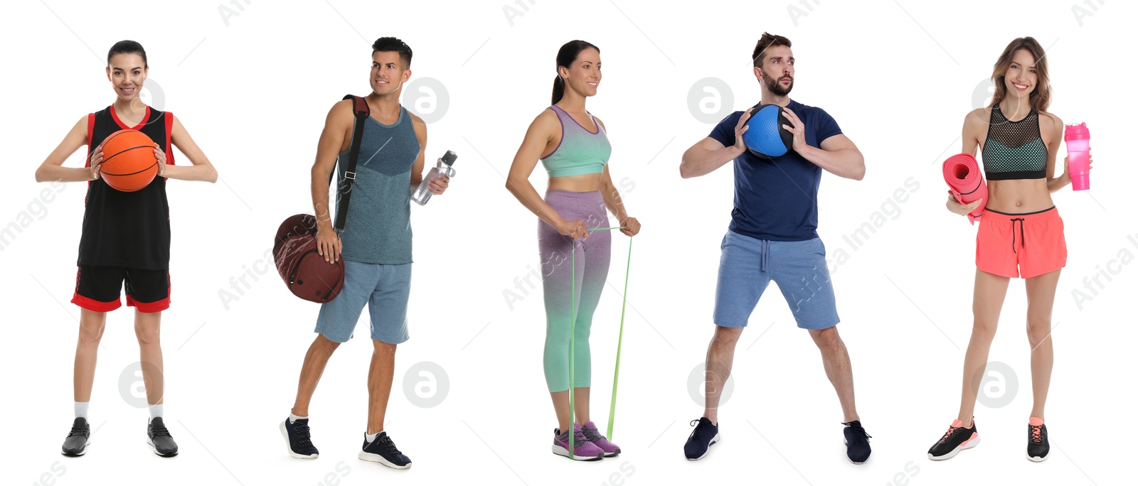 Image of Men and women with different sports equipment on white background, collage