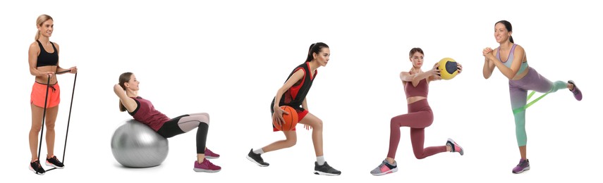 Image of Women with different sports equipment on white background, collage