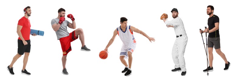Image of Men with different sports equipment on white background, collage
