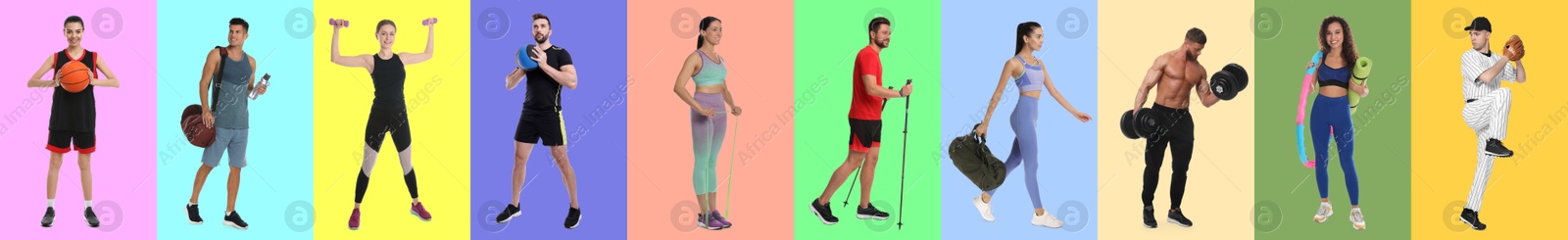 Image of Men and women with different sports equipment on color background, collage