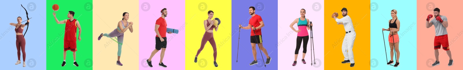 Image of Men and women with different sports equipment on color background, collage