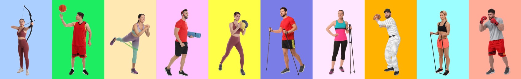 Image of Men and women with different sports equipment on color background, collage