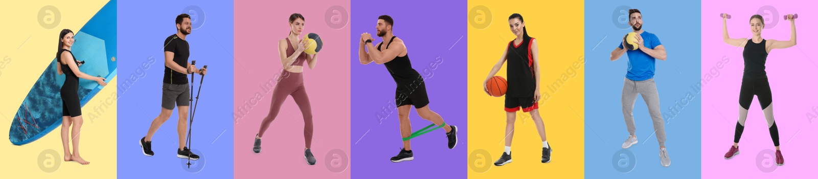 Image of Men and women with different sports equipment on color background, collage