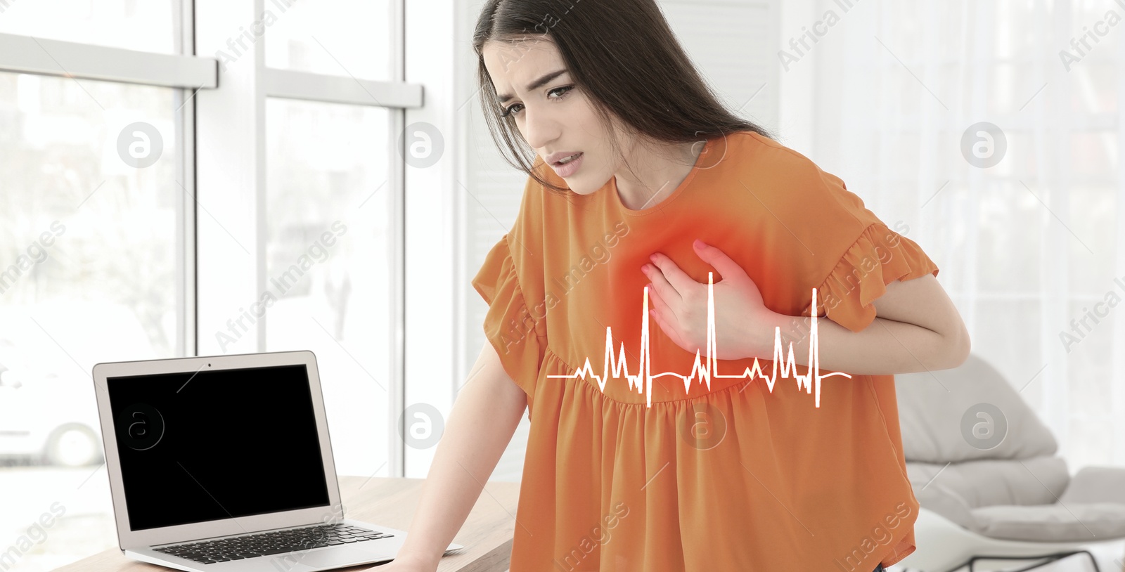 Image of Heart attack. Young woman suffering from pain in chest indoors. Banner design