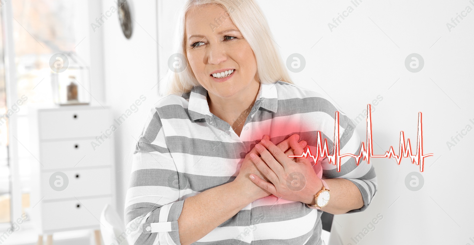 Image of Heart attack. Mature woman suffering from pain and pressing hands to chest indoors. Banner design