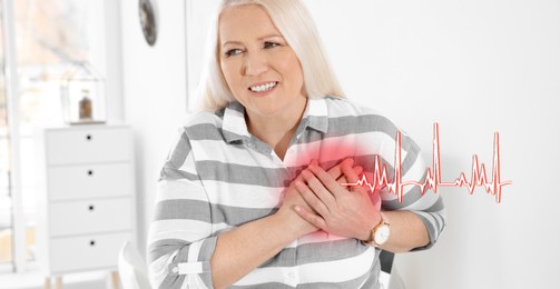 Image of Heart attack. Mature woman suffering from pain and pressing hands to chest indoors. Banner design