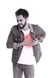 Image of Heart attack. Man writhing in pain and pressing hands to chest on white background