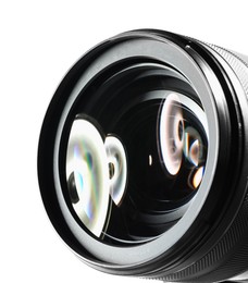 Modern camera lens on white background, closeup. Space for text