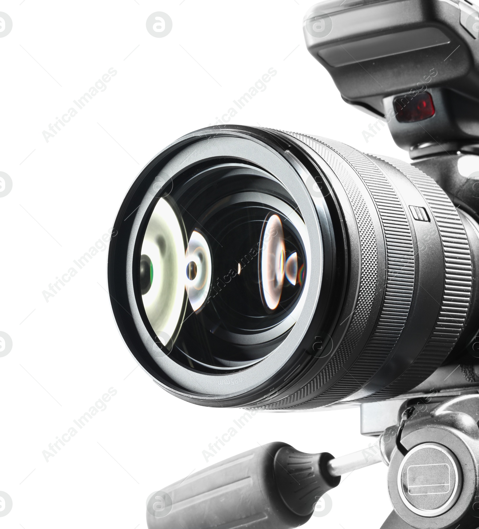 Photo of Modern camera with tripod isolated on white. Photographer's equipment