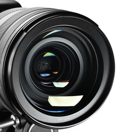 Photo of Modern camera lens isolated on white. Photographer's equipment