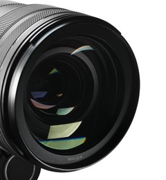 Photo of Modern camera lens isolated on white. Photographer's equipment