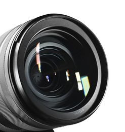 Photo of Modern camera lens isolated on white. Photographer's equipment