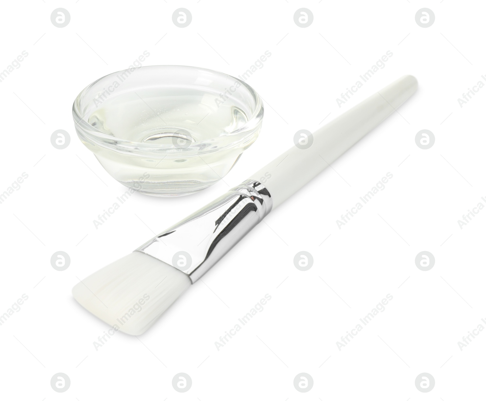 Photo of Bowl of chemical peel and brush isolated on white. Peeling procedure