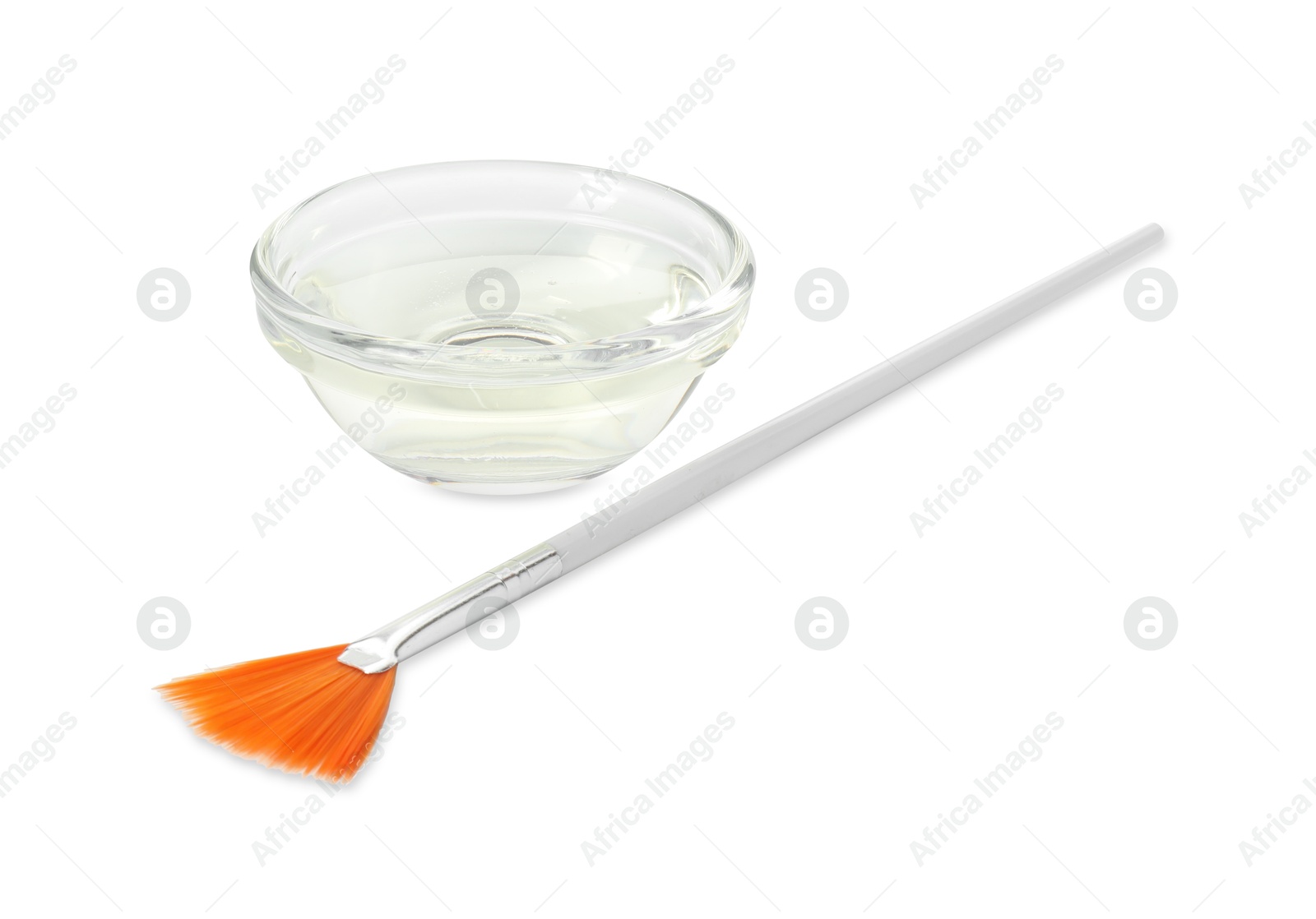 Photo of Bowl of chemical peel and brush isolated on white. Peeling procedure