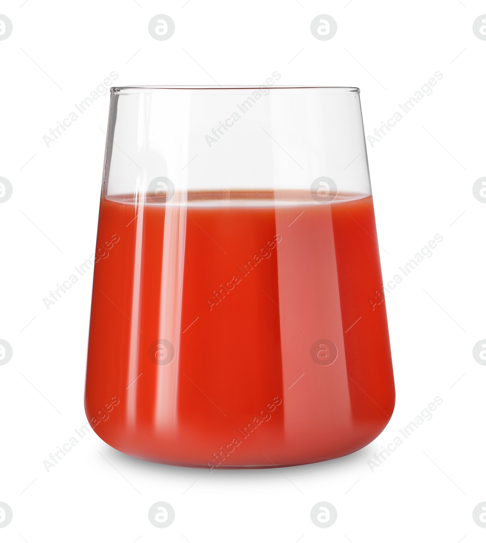 Photo of Tasty tomato juice in glass isolated on white