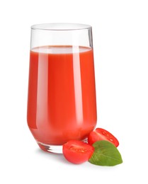 Photo of Tasty tomato juice in glass, basil and fresh vegetable isolated on white