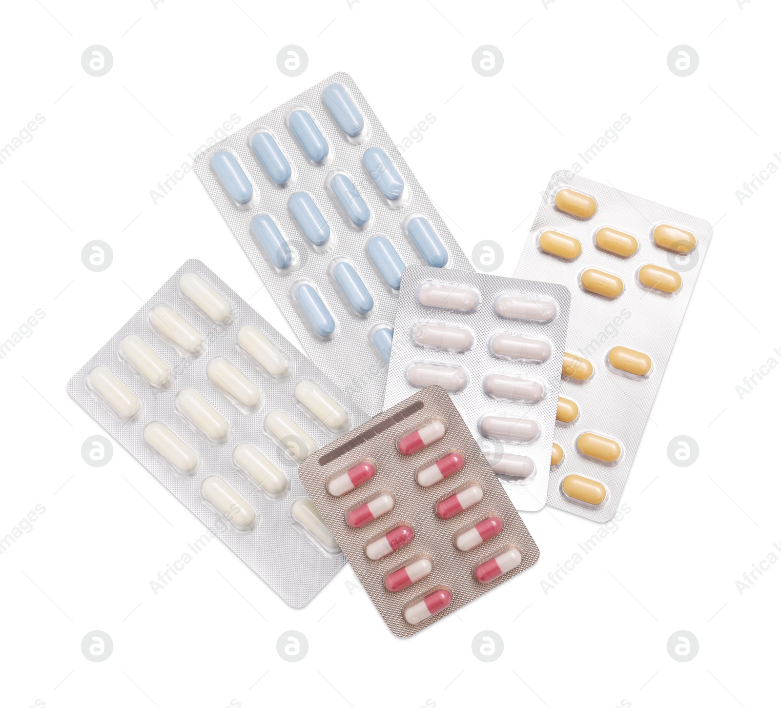 Photo of Different antibiotic pills isolated white, top view