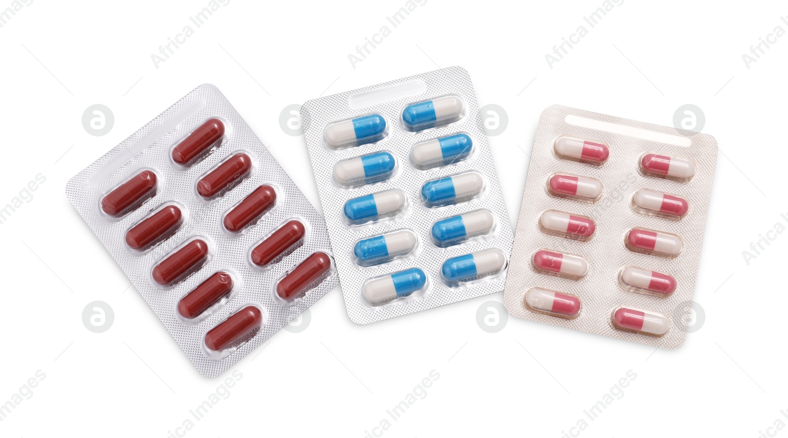 Photo of Different antibiotic pills isolated white, top view