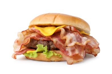 Photo of Delicious burger with bacon, patty and cheese isolated on white