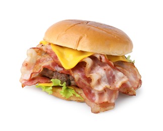 Photo of Delicious burger with bacon, patty and cheese isolated on white