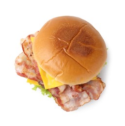 Delicious burger with bacon and cheese isolated on white, top view