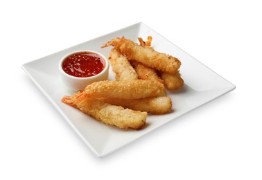 Tasty breaded fried shrimps and sauce isolated on white