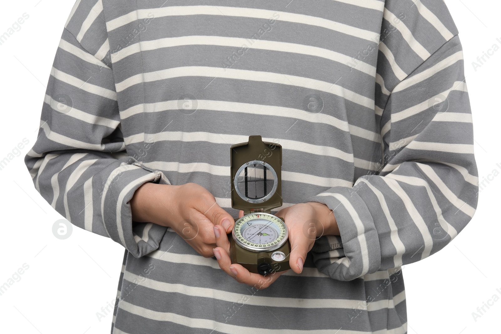 Photo of Woman holding compass on white background, closeup