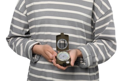 Photo of Woman holding compass on white background, closeup