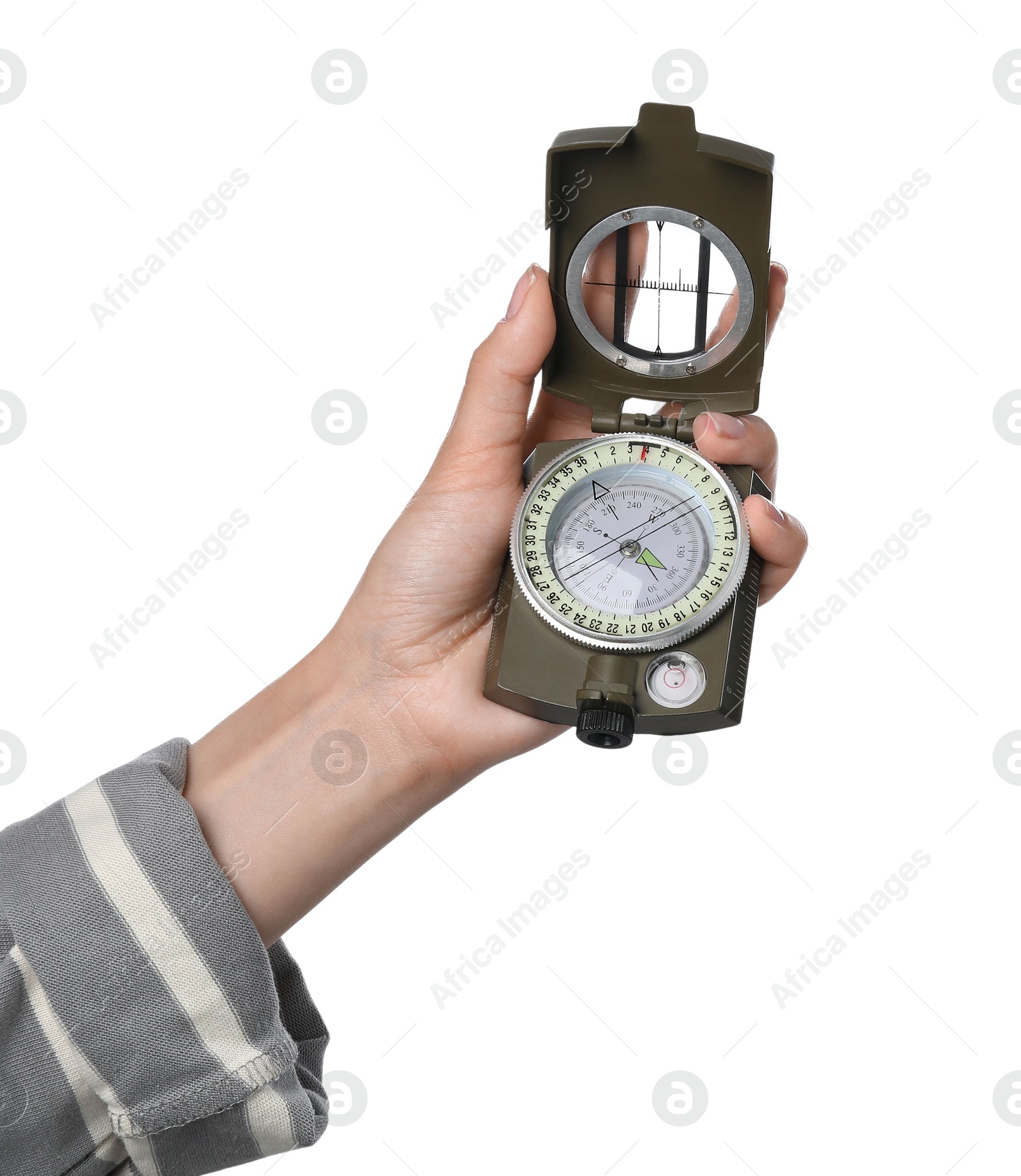 Photo of Woman holding compass on white background, closeup