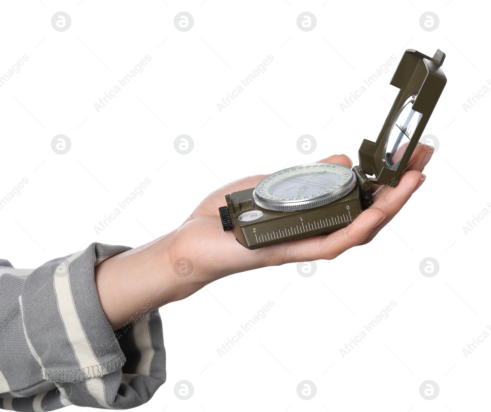 Photo of Woman holding compass on white background, closeup