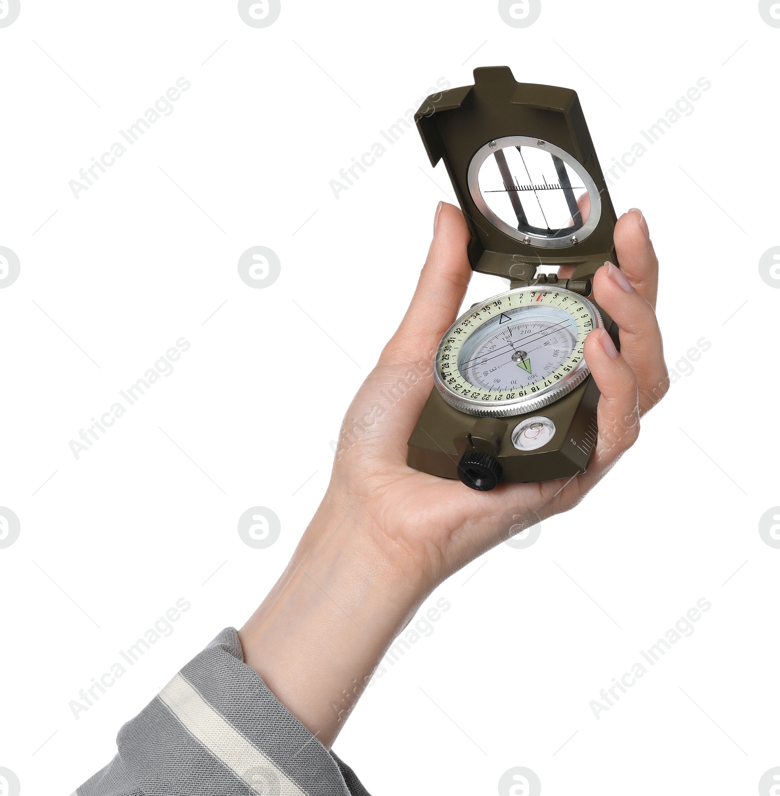 Photo of Woman holding compass on white background, closeup