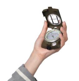 Photo of Woman holding compass on white background, closeup