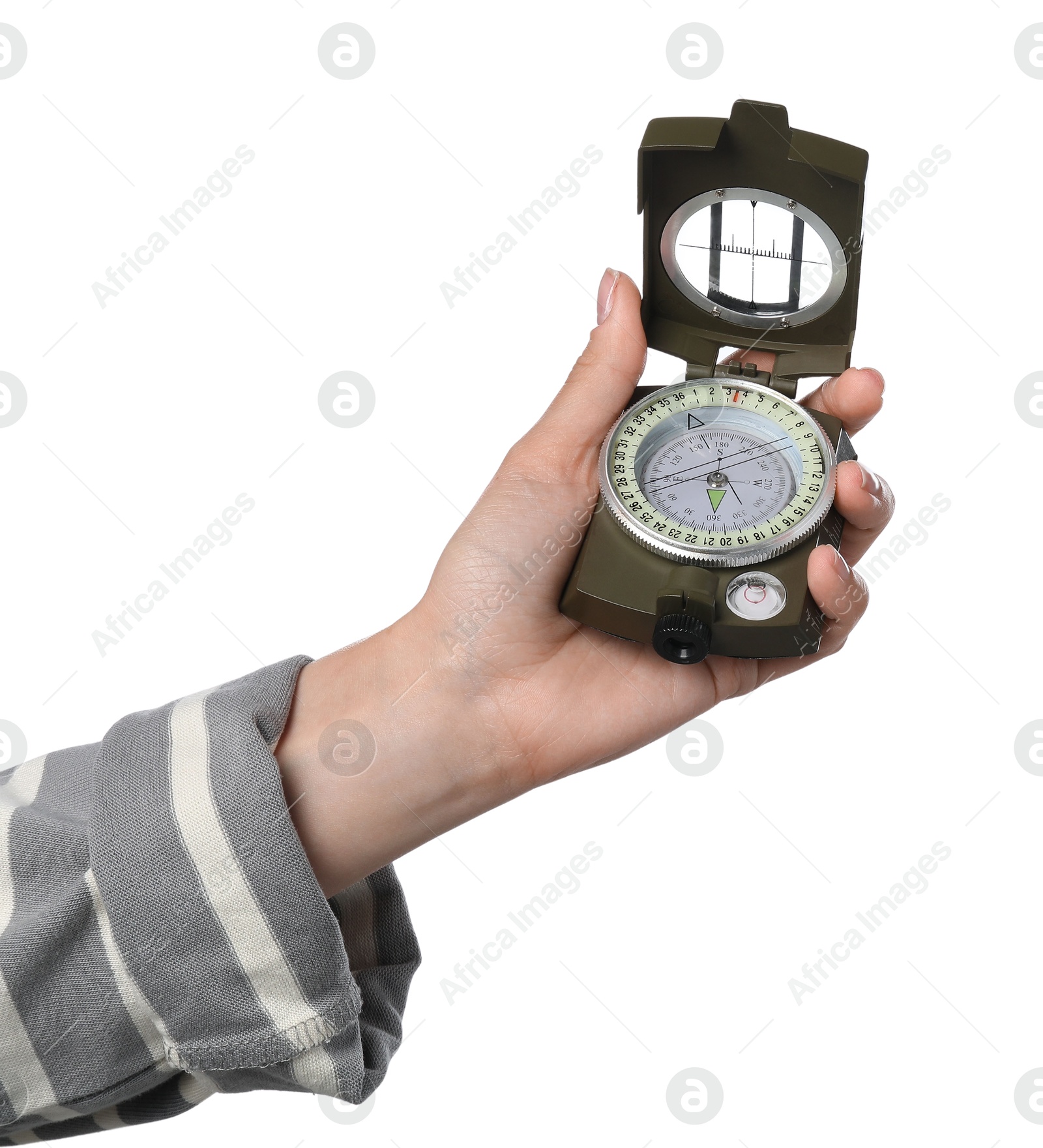 Photo of Woman holding compass on white background, closeup