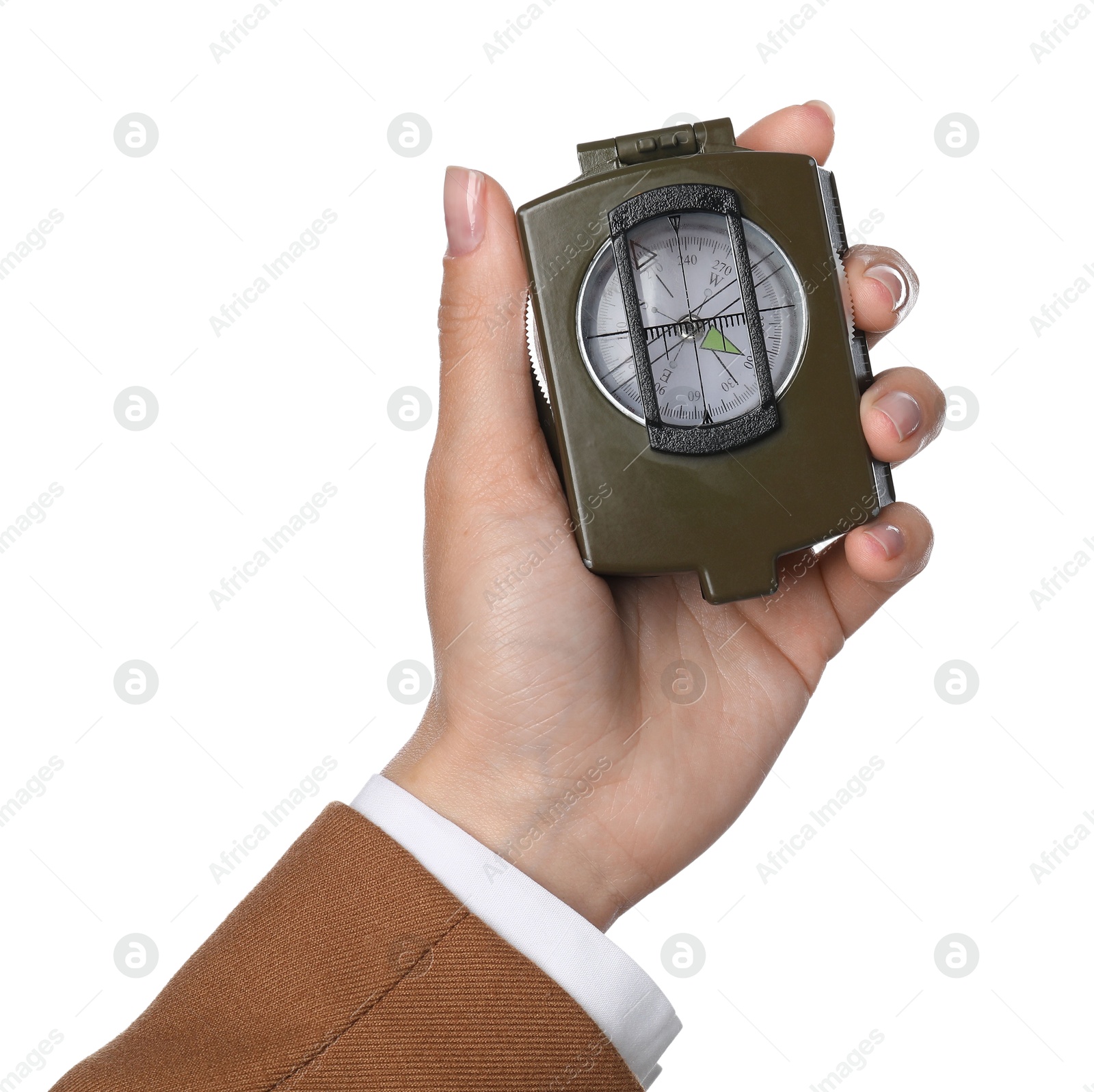 Photo of Woman holding compass on white background, closeup