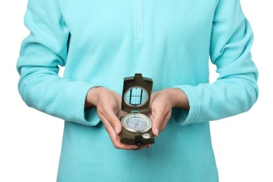 Photo of Woman holding compass on white background, closeup