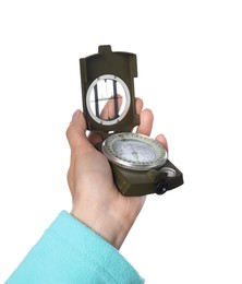 Photo of Woman holding compass on white background, closeup