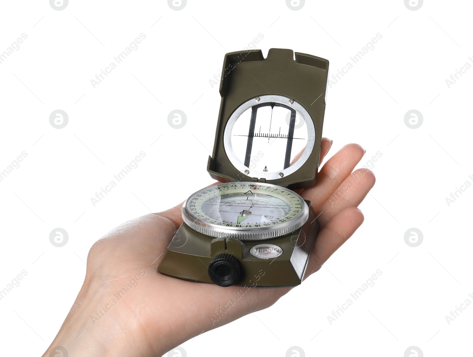 Photo of Woman holding compass on white background, closeup