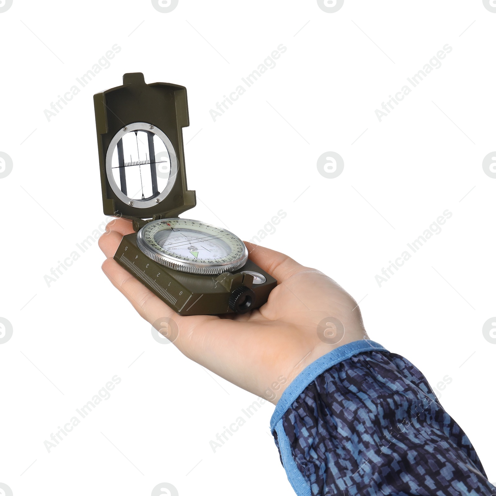 Photo of Woman holding compass on white background, closeup