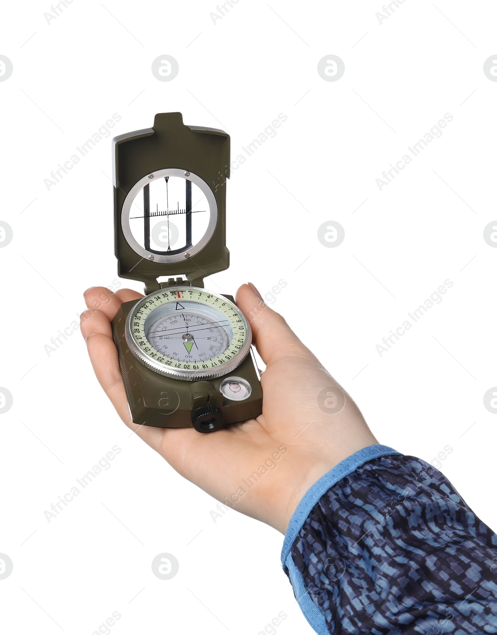 Photo of Woman holding compass on white background, closeup