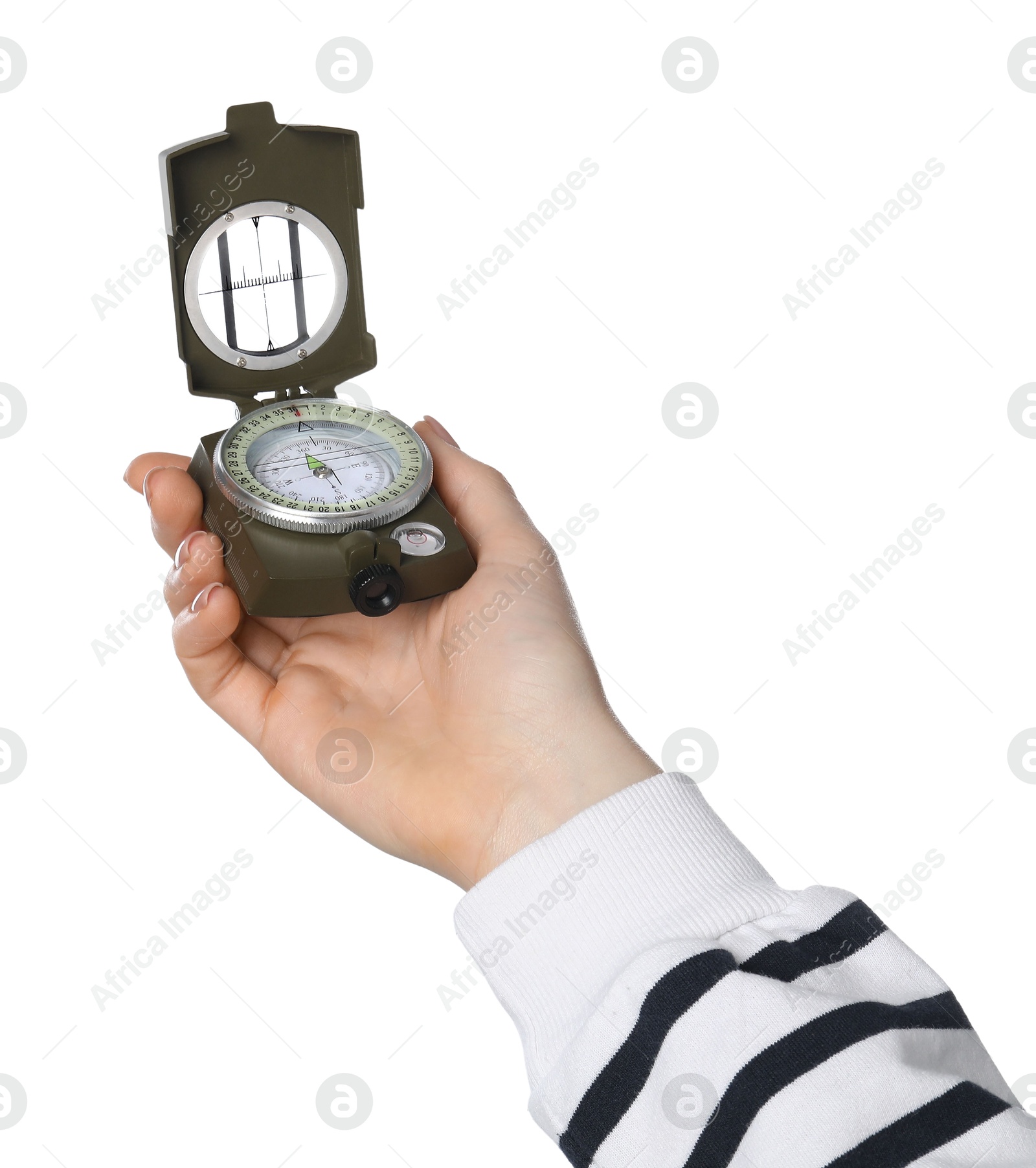 Photo of Woman holding compass on white background, closeup