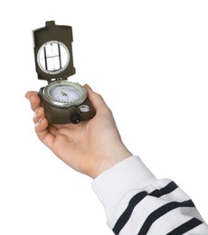 Photo of Woman holding compass on white background, closeup