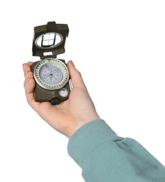 Woman holding compass on white background, closeup