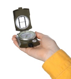 Photo of Woman holding compass on white background, closeup