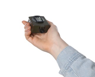 Photo of Woman holding compass on white background, closeup