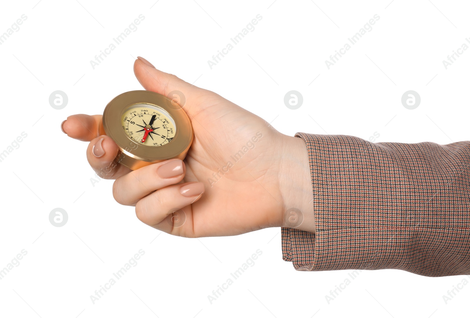 Photo of Woman holding compass on white background, closeup