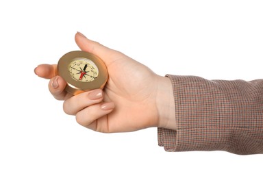 Photo of Woman holding compass on white background, closeup