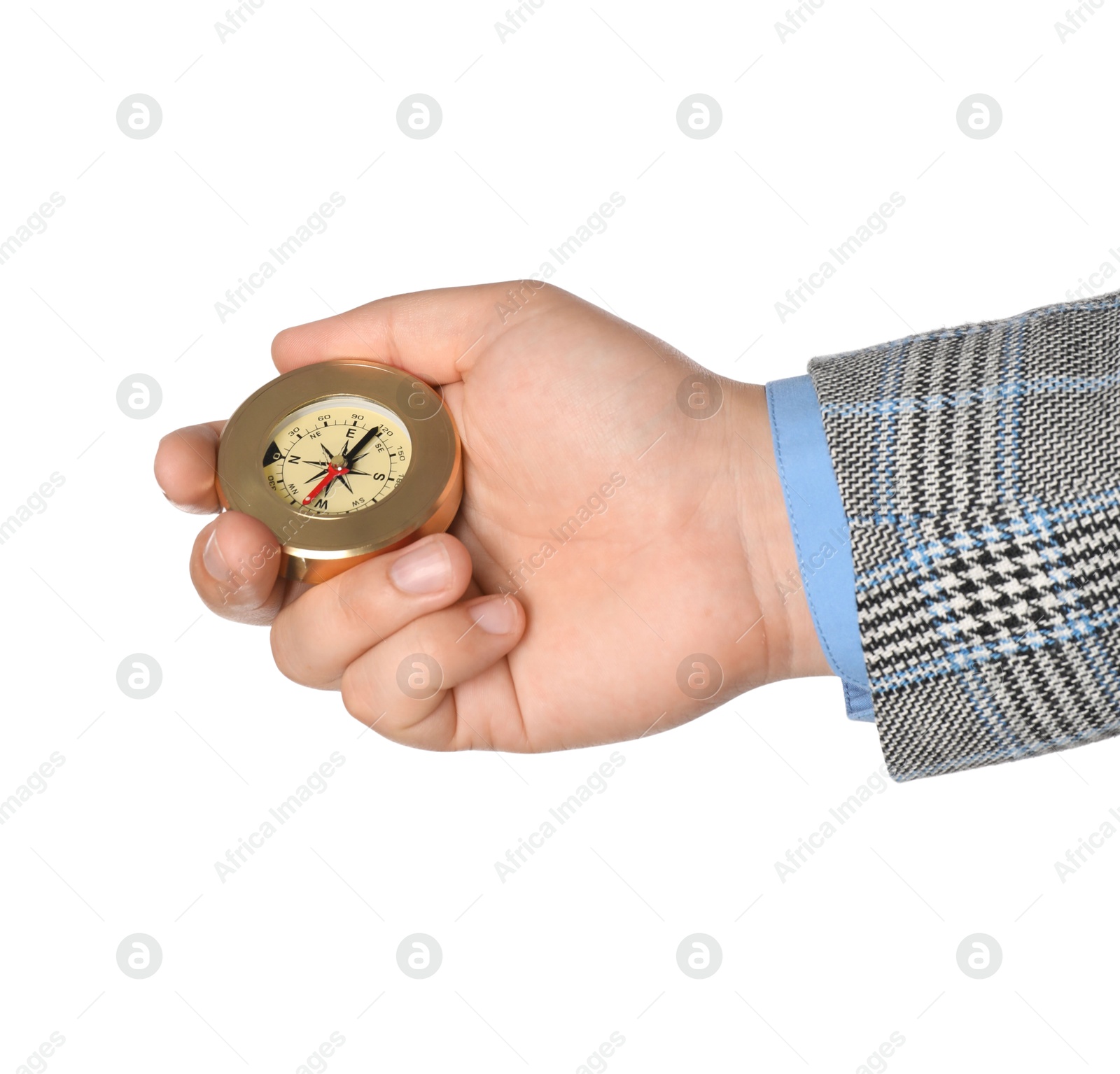 Photo of Man holding compass on white background, closeup