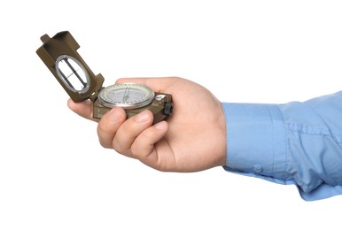 Photo of Man holding compass on white background, closeup